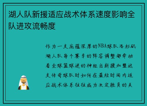 湖人队新援适应战术体系速度影响全队进攻流畅度